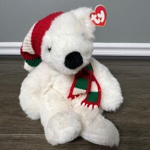 Ty Holiday Bear Plush‎ White Christmas Red Green Knit Hat Scarf Beanie Baby 1997